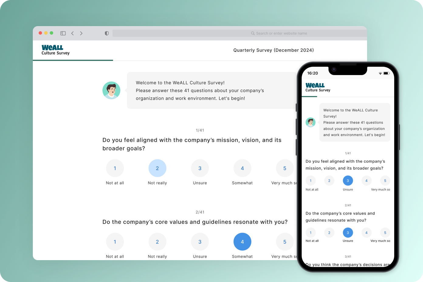 Survey answering screen on mobile